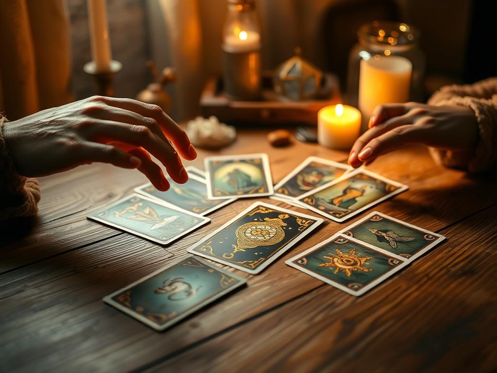 A serene setting for a Tarot reading session, featuring a single Tarot card spread on a wooden table. The background should be softly lit with warm golden hues, creating a cozy atmosphere. Include a pair of gentle hands reaching towards the cards, symbolizing connection and intuition. Elements like candles and crystals can be subtly placed in the background, enhancing the mystical vibe.