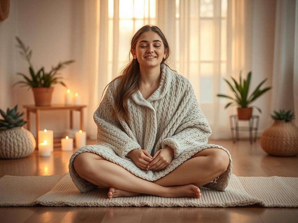 Create a realistic high-resolution photo illustrating the theme of "Self-care Tips for Emotional Well-being." The composition should be simple and clear, featuring a serene, inviting setting. The main subject will be a young woman sitting cross-legged on a soft, plush yoga mat, wrapped in a cozy, knitted blanket. She should have a peaceful expression, eyes gently closed, as she basks in soft, warm light, embodying a moment of self-reflection and tranquility. 

The background should depict a softly lit room 