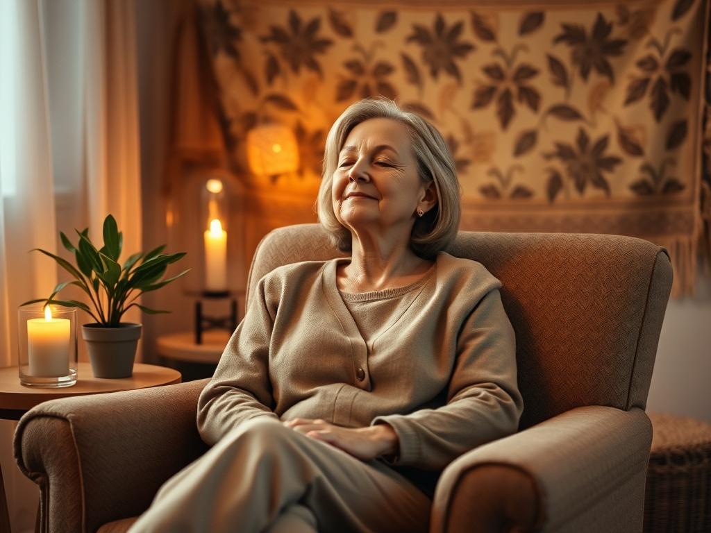 Create a realistic high-resolution photo for a blog titled "Managing Stress with Hypnotherapy." The composition should be simple and clear, focusing solely on one subject: a serene, middle-aged woman sitting comfortably in a cozy armchair. She should be relaxed, with her eyes gently closed, embodying a sense of peace and calm. 

The woman is dressed in soft, comfortable clothing, perhaps in soothing earth tones, enhancing the overall peaceful atmosphere. Surround her with a cozy environment that includes wa