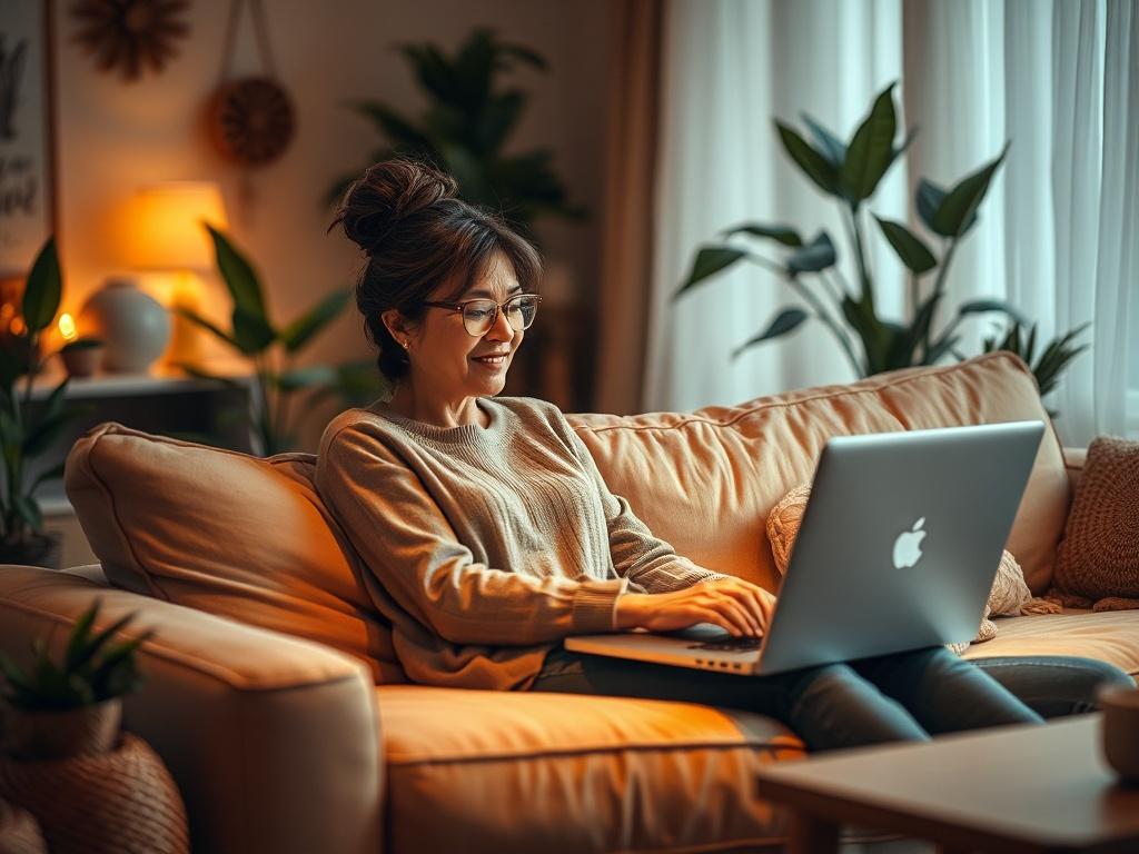 A serene, cozy setting featuring a woman sitting comfortably on a soft couch, engaged in a moment of relaxation while watching a pre-recorded program on a laptop. The room is softly lit with warm golden hues, surrounded by calming plants and personal touches that create an inviting atmosphere. The focus is on the woman, showcasing her sense of empowerment and relaxation as she navigates her menopause journey.