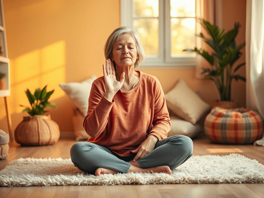 Create a realistic high-resolution photo that embodies the theme of "EFT/TFT for Anxiety Relief." The image should feature a calm and serene setting with a single subject: a middle-aged woman sitting cross-legged on a soft, plush rug in a peaceful, softly lit room. She should have a gentle expression, eyes closed, and her hands positioned in a tapping gesture on her face, demonstrating the EFT technique. 

The background should showcase warm, cozy hues with elements like houseplants, soft cushions, and a wi