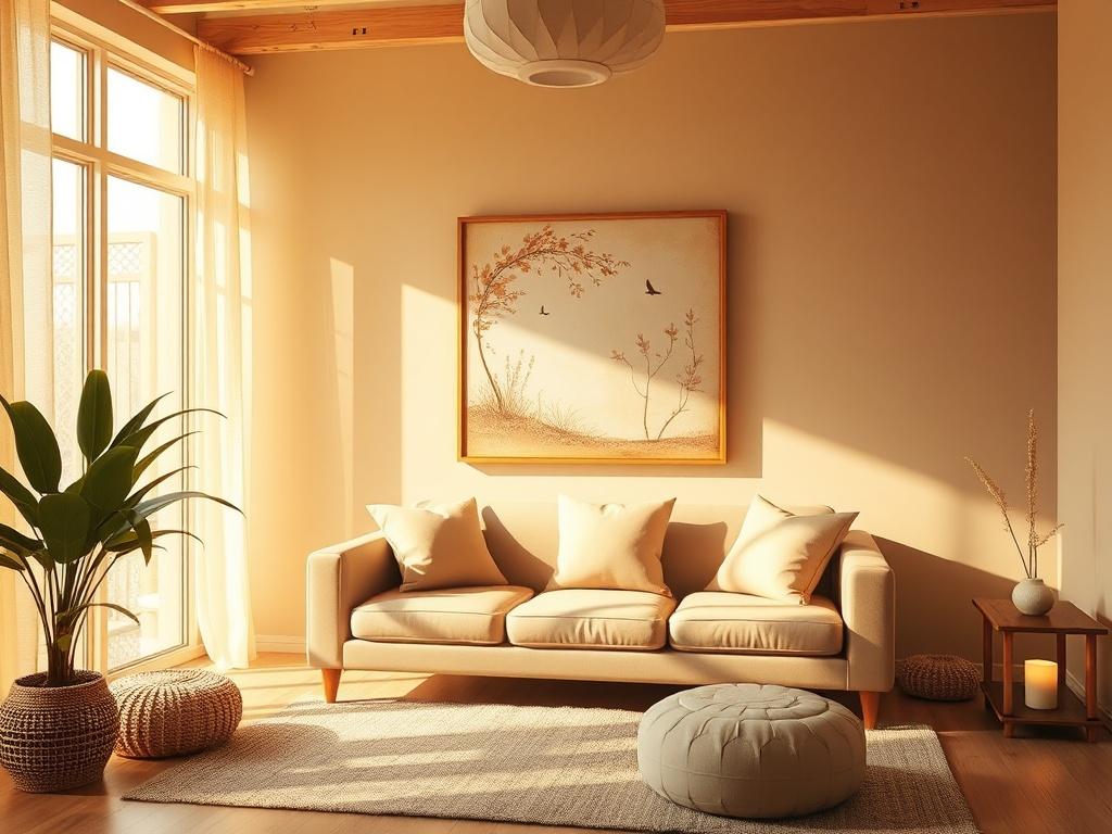 An inviting therapy room with warm golden lighting, featuring a comfortable couch and cushions. A gentle backdrop of soothing artwork promotes a sense of calm, creating the ideal environment for emotional healing.