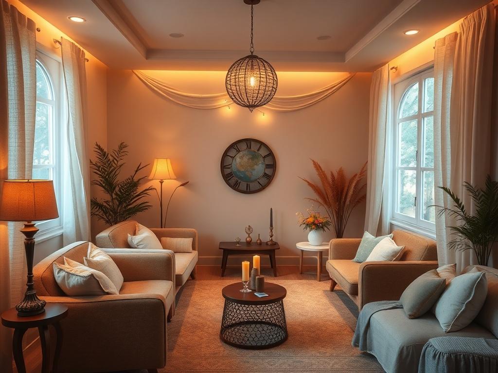 A tranquil space designed for past life regression, featuring soft, ambient lighting and comfortable seating. The room is adorned with calming colors and gentle decor, fostering an atmosphere of serenity and introspection.