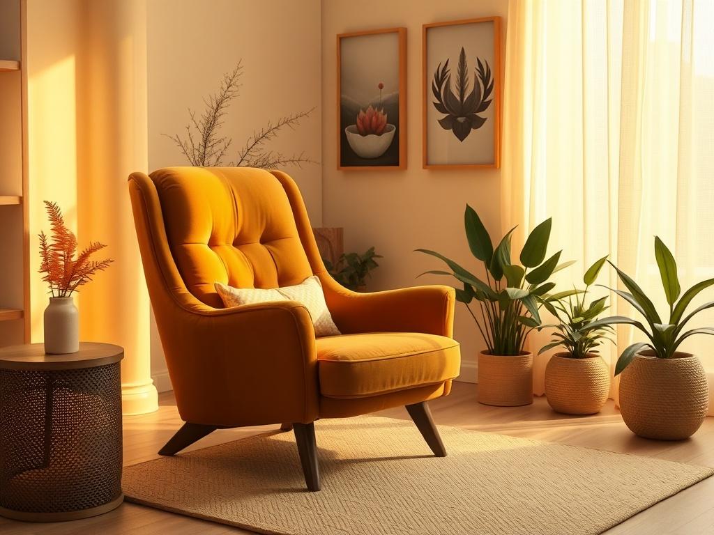 A serene setting showcasing a comfortable therapy chair in soft golden hues, illuminated by gentle lighting. The background features calming elements like plants and soothing artwork, creating a peaceful atmosphere conducive to hypnotherapy.