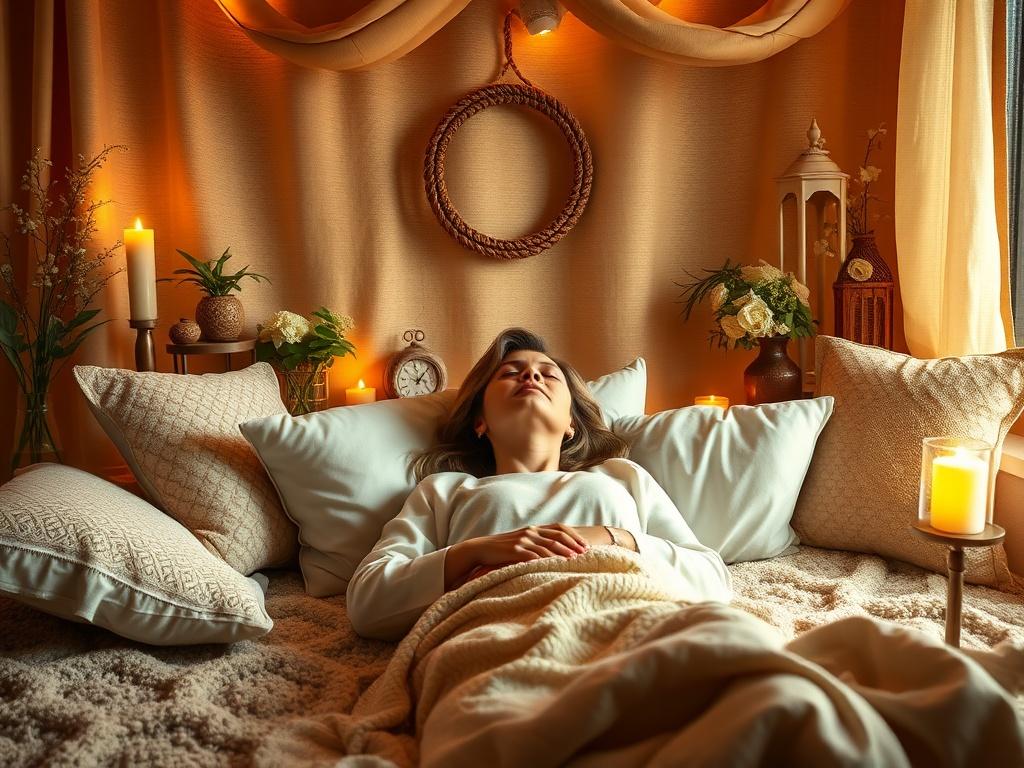 A tranquil setting featuring a beautifully decorated space for Past Life Regression sessions. An individual reclines comfortably with eyes closed, surrounded by soft pillows and calming decor, as a practitioner gently guides them through the process. The atmosphere radiates serenity and curiosity.