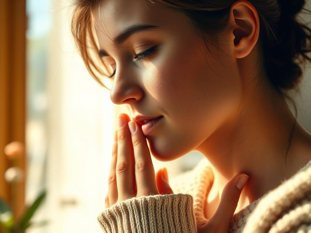 A close-up of a calm individual tapping on their face and body, surrounded by natural light and a peaceful environment. The image illustrates the concept of EFT/TFT, with soft colors and a soothing ambiance that conveys a sense of emotional healing.