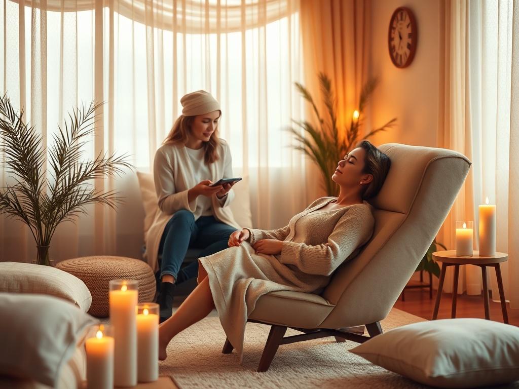 A serene setting featuring a comfortable reclined chair in a softly lit room, with calming colors and gentle decor. A relaxed individual, eyes gently closed, experiencing hypnotherapy, while a professional therapist guides them. The atmosphere exudes tranquility and warmth, surrounded by soft cushions and soothing candles.