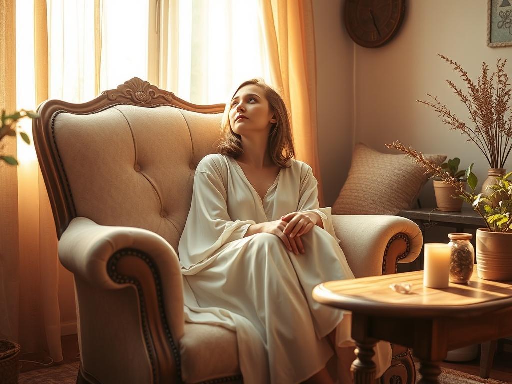 Create a realistic high-resolution photo that captures the essence of the blog titled "Journey Through Past Lives." The composition should feature a single, serene subject: a woman in her early thirties, sitting comfortably on a plush, vintage chair, surrounded by soft, golden lighting. She is dressed in flowing, ethereal clothing that evokes a sense of tranquility and connection to the spiritual realm. 

The woman is gazing pensively out of a softly lit window, where warm sunlight gently filters through sh