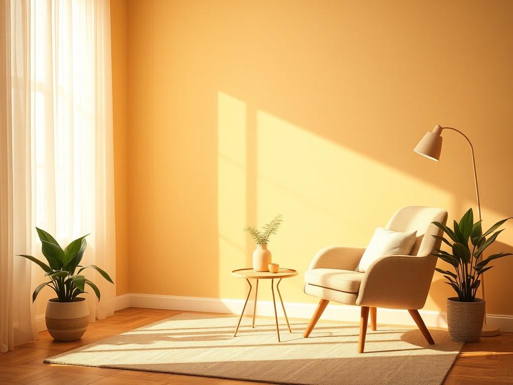 A serene and inviting consultation space with soft lighting, featuring a single comfortable chair and a small table with a calming plant. The background should be warm, golden hues to create a cozy atmosphere, embodying tranquility and support.