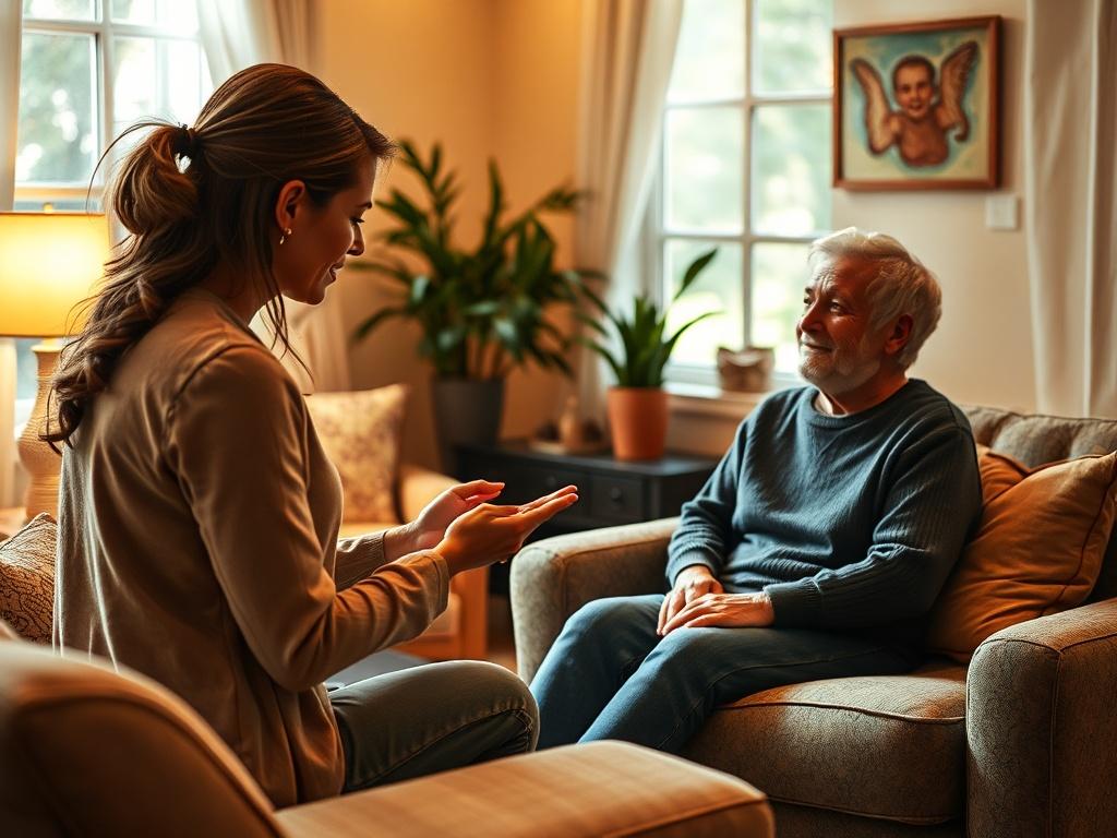 An engaging EFT session where a therapist demonstrates tapping techniques on a relaxed client. The room is cozy and inviting, filled with warm lighting and comfortable seating, creating a calming environment. The therapist and client share an empathetic connection, enhancing the healing experience.