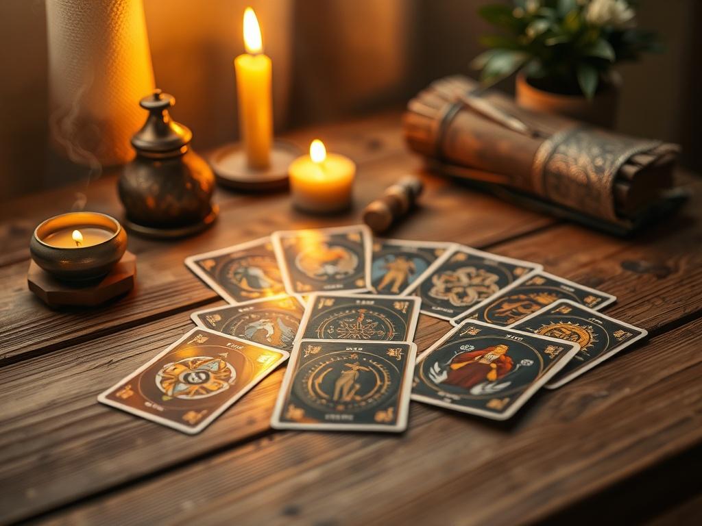 Create a realistic high-resolution photo for a blog titled "Tarot Reading for Decision Making." The composition should be simple and clear, featuring a single subject: a beautifully arranged tarot card spread on a rustic wooden table. The tarot cards should be vividly designed, showcasing rich, intricate imagery that reflects their meanings.

In the background, include a softly blurred, warm-toned setting that exudes a cozy and inviting atmosphere, such as a softly glowing candle, a gently flickering incens