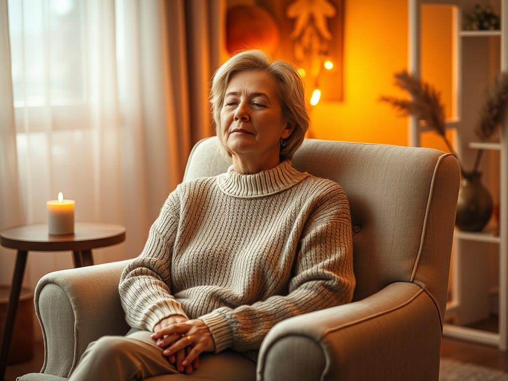 Create a realistic high-resolution photo that captures the essence of a blog titled "Healing Through Hypnotherapy Stories." 

**Composition**: Focus on a single, serene subject—an individual sitting comfortably in a cozy, softly lit therapy room. The subject should be a middle-aged woman with a calm expression, eyes gently closed, embodying a sense of peace and healing. She should be seated upright in a plush armchair with a light, muted color, surrounded by warm golden hues that create an inviting atmosphe