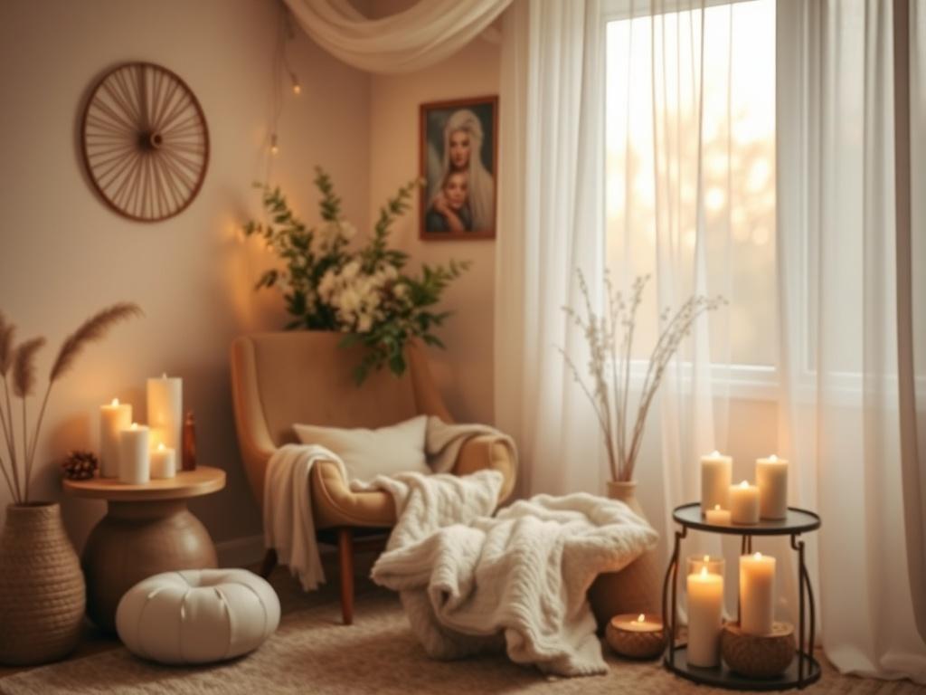A serene room with soft lighting and cozy decor, featuring a comfortable chair and calming elements like candles and crystals. The atmosphere should evoke tranquility and warmth, inviting individuals seeking personal growth and healing. The color palette should harmonize with soft golden hues, creating a peaceful ambiance.