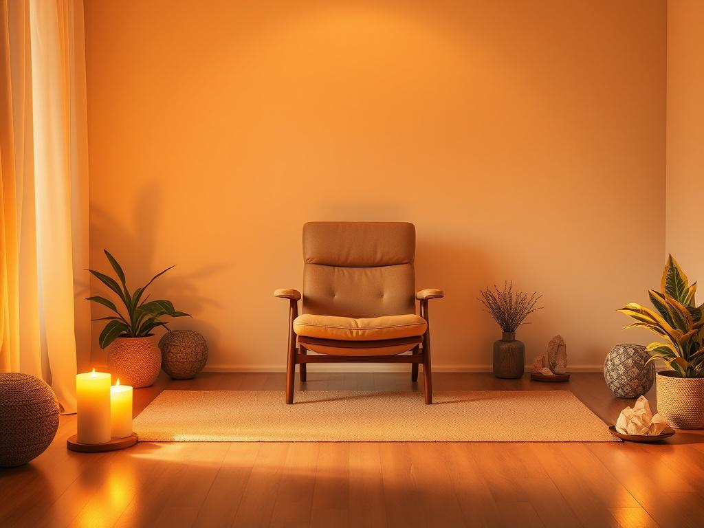 A serene setting featuring a tranquil room with soft golden lighting. In the center, a comfortable recliner chair is positioned, inviting relaxation. A gentle, warm glow emanates from a nearby candle, casting soft shadows on the walls. The background includes soothing decor elements like plants and crystals, creating an atmosphere of peace and introspection.
