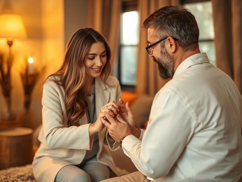 A practitioner demonstrating tapping techniques to a client, with a calm and supportive atmosphere in the background.