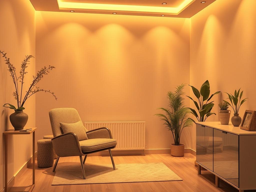 A serene and inviting consultation room with soft golden lighting, featuring a comfortable chair and a calming atmosphere.