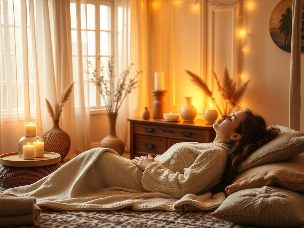 A serene environment with soft lighting, depicting a client relaxing during a past life regression session, surrounded by soothing decor.