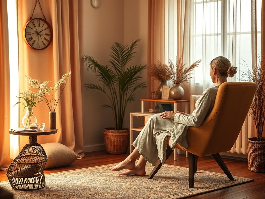A tranquil setting with a therapist guiding a client in a comfortable chair, surrounded by calming decor and soft lighting.