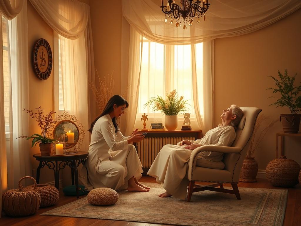 A calming atmosphere for a Past Life Regression session, featuring a comfortable reclined chair, soft lighting, and spiritual decor elements. A practitioner guiding a client into a relaxed state, promoting introspection and exploration.