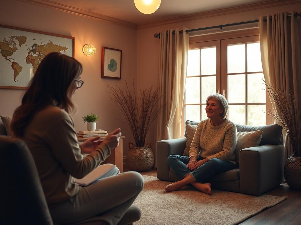 A tranquil EFT session setting, featuring a practitioner demonstrating tapping techniques with a client seated comfortably. The room is warmly lit with soft hues, emphasizing a peaceful and supportive atmosphere.
