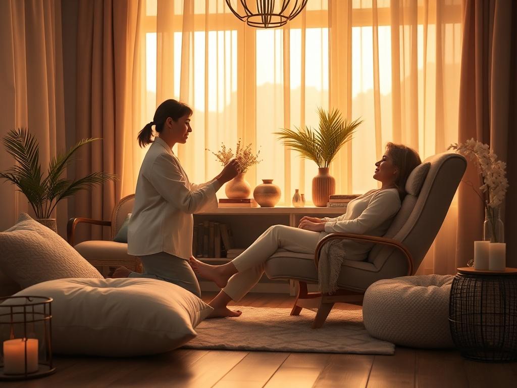 A serene hypnotherapy session in a cozy room, with soft golden lighting, a comfortable reclining chair, and calming decor. A therapist gently guiding a client in a relaxed state, surrounded by soft cushions and soothing elements.