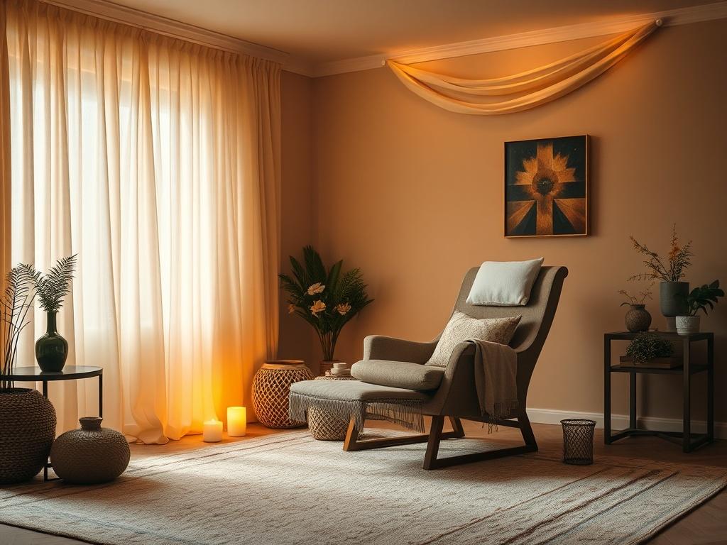 A tranquil past life regression session in a softly lit room, featuring a reclining chair and calming decor. The atmosphere is serene, with warm golden tones and gentle lighting, inviting participants to delve into their past experiences and discover insights.