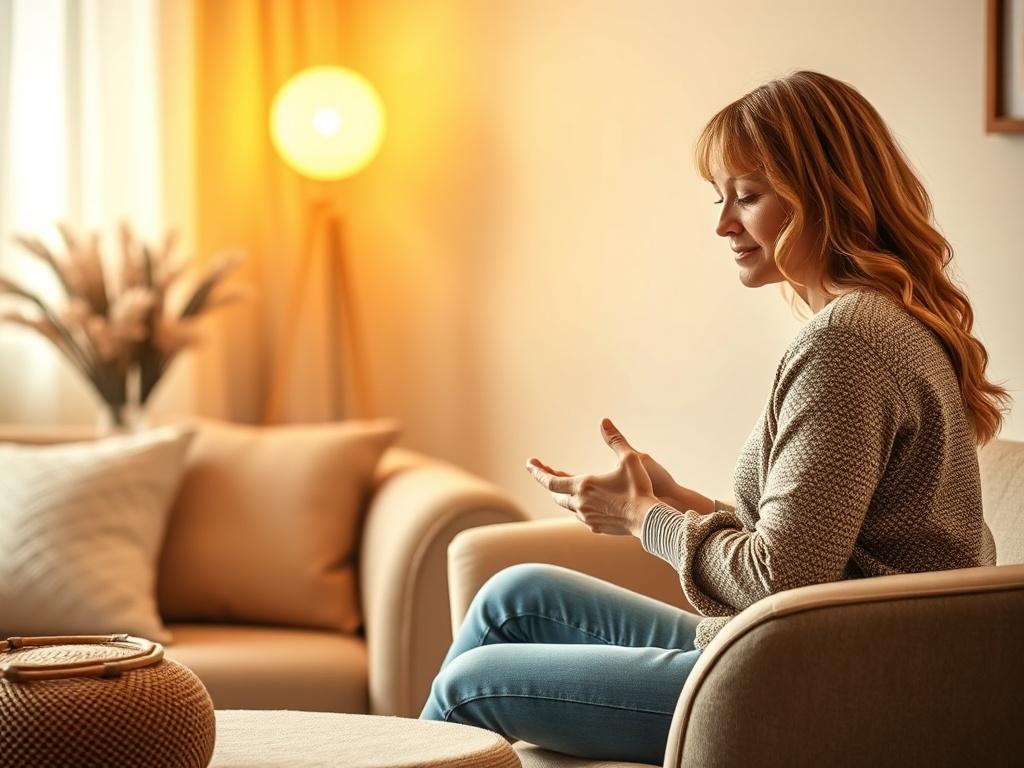 An EFT/TFT session taking place in a calming environment, showcasing a therapist guiding a client through tapping techniques. The scene is set with warm lighting, comfortable seating, and a peaceful atmosphere, emphasizing relaxation and emotional healing.