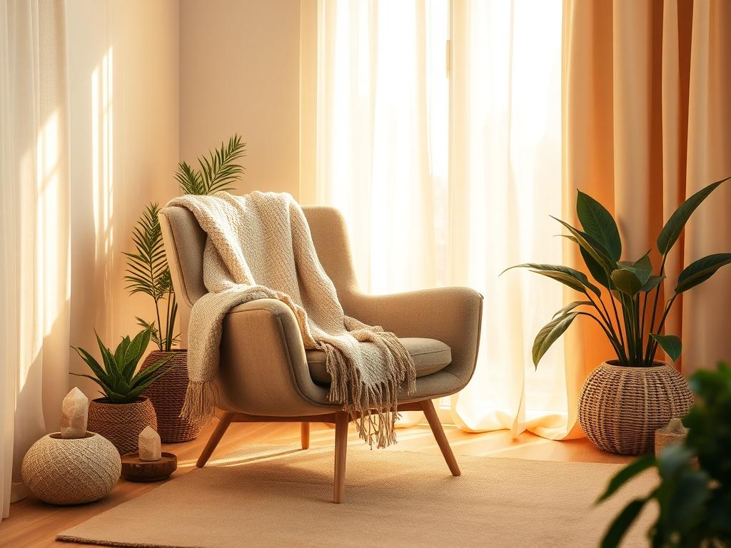 A serene, inviting room with soft golden lighting, featuring a comfortable chair and a cozy throw. A calming atmosphere with plants and crystals in the background. The focus should be on the chair, symbolizing relaxation and support, creating an inviting feel for a therapy session.