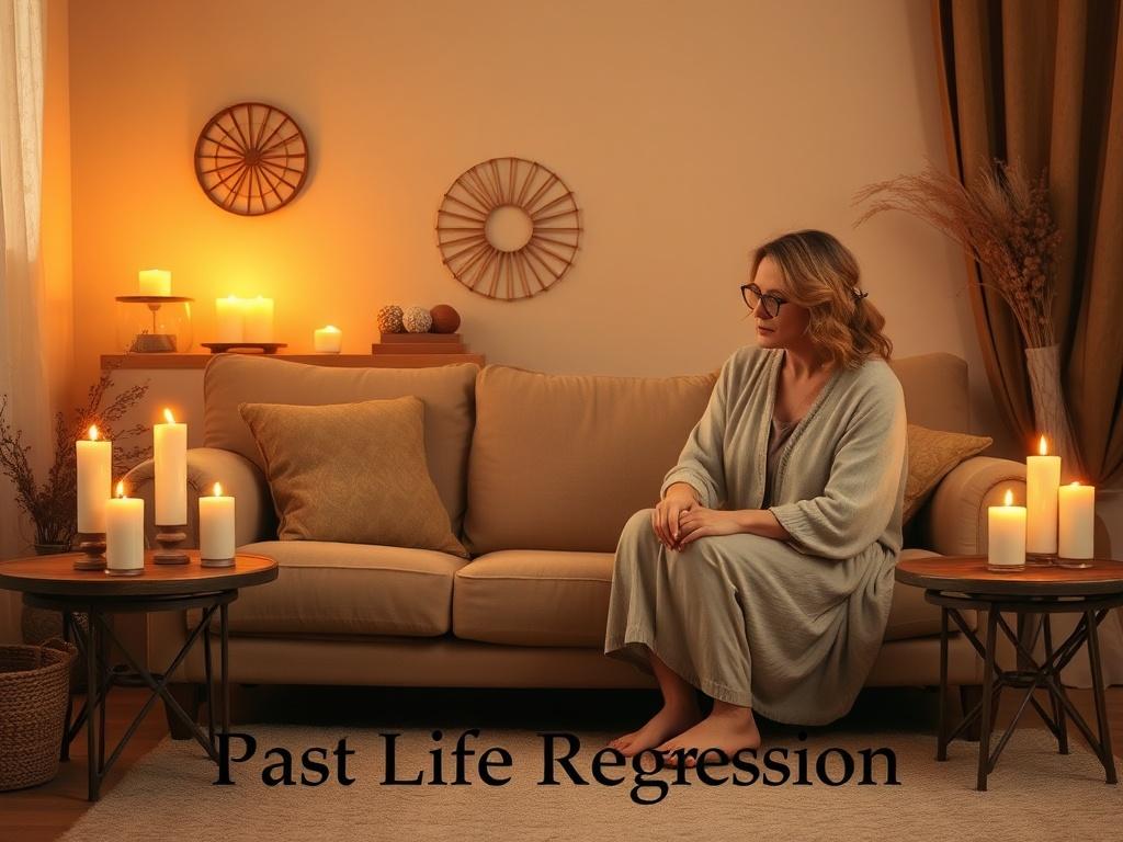 An inviting and tranquil room for Past Life Regression therapy. The space is softly lit, featuring a comfortable couch surrounded by warm, earthy tones. Candles flicker gently on a nearby table, casting a cozy glow. A therapist sits beside a client, guiding them through their regression journey. The background includes soothing decorations like crystals and soft fabrics, creating a safe and welcoming atmosphere for exploration. The focus is on the connection between the therapist and client, highlighting tr