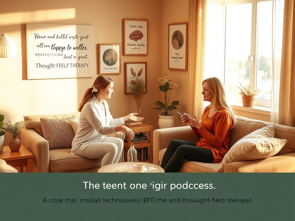 A cozy treatment space for Emotional Freedom Techniques (EFT) and Thought Field Therapy (TFT). The setting is warm with golden hues and soft, inviting furniture. A therapist gently guides a client through the process, demonstrating techniques. The room is adorned with inspirational quotes and calming images. Natural light filters in from a window, creating a welcoming environment. Props related to the therapy, like tapping points, are subtly included, emphasizing the supportive nature of the session.