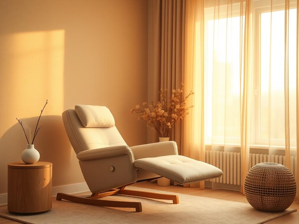 A serene and calming room designed for hypnotherapy. The room features soft lighting, a comfortable recliner, and calming decor. A subtle aroma diffuser emits a gentle mist. On the walls, soothing colors create a tranquil atmosphere. The background includes a window with soft curtains, allowing warm golden light to filter in, enhancing the peaceful ambiance. The focus is on the recliner, inviting clients to relax and open their minds.