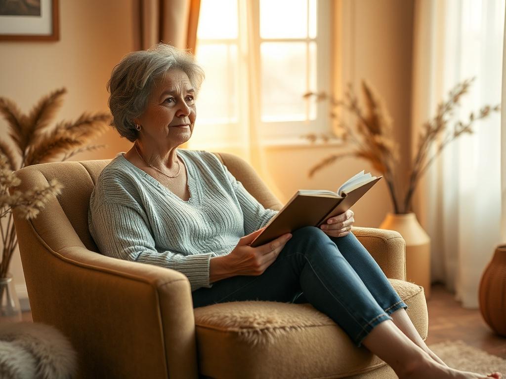 A serene and cozy room setting with soft golden lighting, featuring a middle-aged woman sitting comfortably on a plush chair, holding a journal and pen. She appears calm and reflective, surrounded by warm tones and gentle textures, with a peaceful atmosphere that conveys a sense of empowerment and tranquility. In the background, a window with sheer curtains allows soft light to filter in, enhancing the serene ambiance.