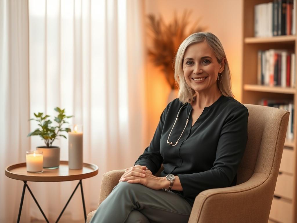 Create a realistic high-resolution image that captures the essence of hypnotherapy. The composition should focus on a single subject: a serene therapist sitting comfortably in a cozy office environment. The therapist should have a warm, inviting smile and be dressed in professional attire. The background should feature soft, golden hues with soft lighting, highlighting a comfortable armchair and a small side table adorned with a candle and a small potted plant for a calming atmosphere. 

The scene should em