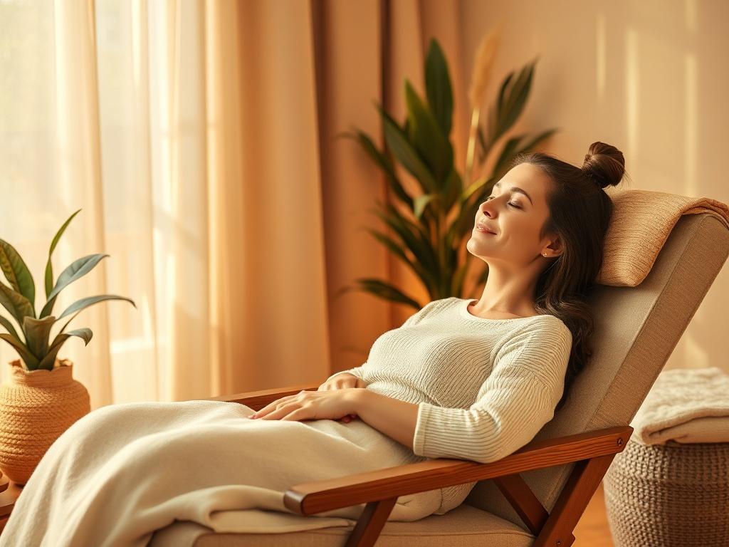 A serene, cozy setting featuring a comfortable reclined chair in soft golden lighting. There should be a calm therapist guiding a client into a state of relaxation, with a gentle focus on the client's peaceful expression. The background should depict soothing elements like plants and soft textures, creating an inviting atmosphere.