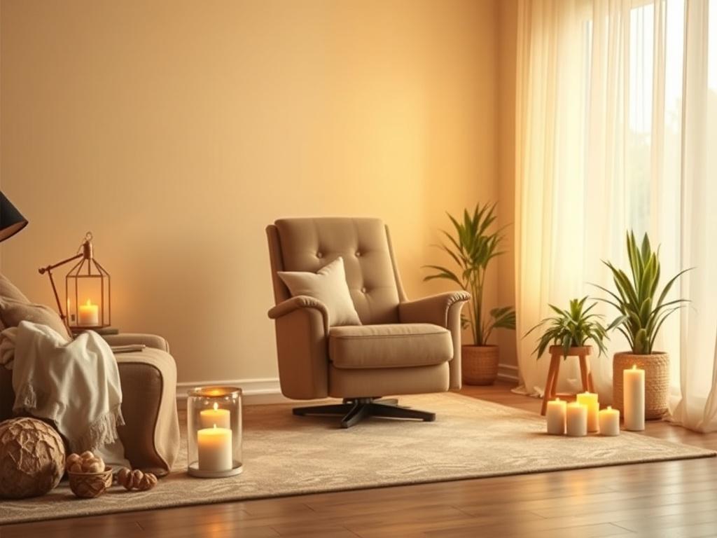 A serene and peaceful room with soft lighting and warm golden hues, featuring a comfortable recliner chair in the center. A gentle, inviting atmosphere with calming decor such as crystals and candles. The background shows a softly glowing lamp and a few plants, creating a tranquil environment for a Past Life Regression session.