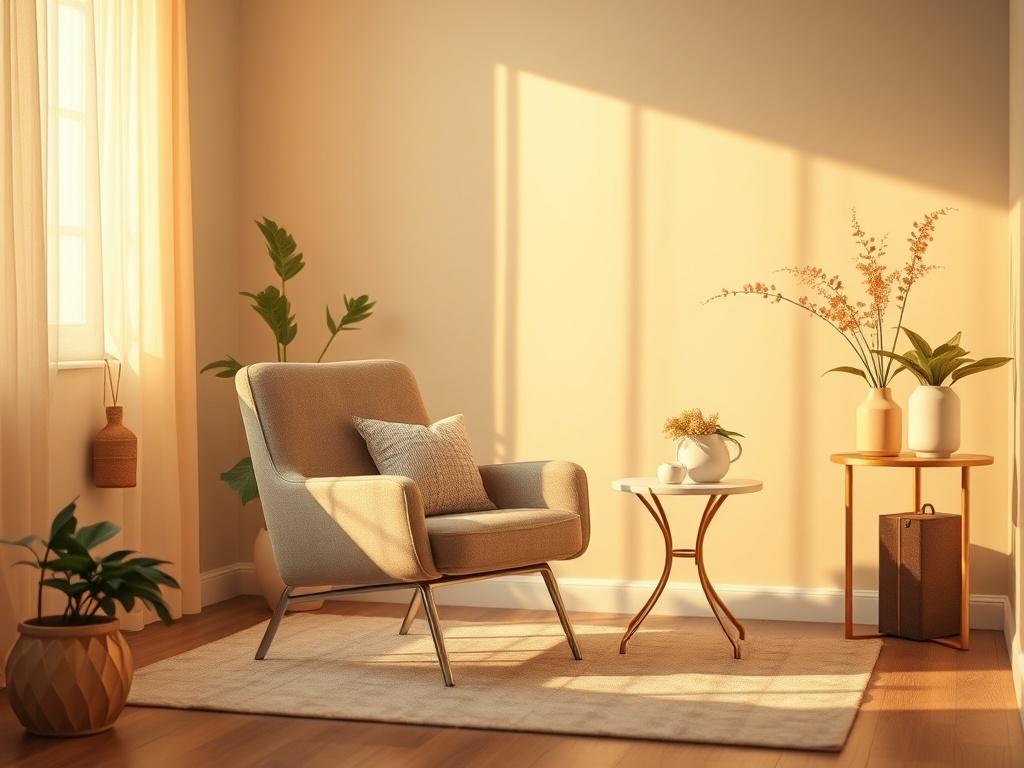 A serene and inviting consultation space with soft lighting, featuring a comfortable chair and a small table with calming decor. The background should include gentle hues of gold and a peaceful atmosphere, creating a warm and welcoming environment for a consultation. The focus should be on the chair, suggesting a personal and intimate setting for discussion.