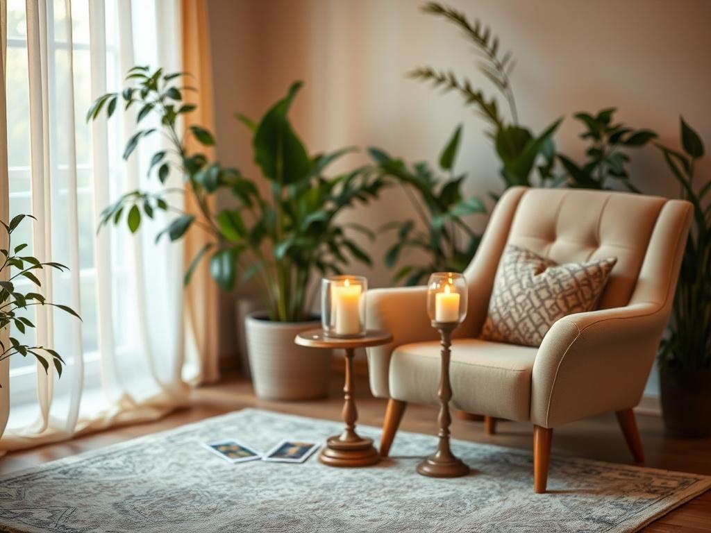 A serene setting featuring a cozy room with soft golden hues and gentle lighting. In the center, a comfortable armchair is positioned next to a small, elegant table adorned with a softly lit candle and a few tarot cards laid out. The background includes lush plants, creating a calming atmosphere, symbolizing healing and introspection.