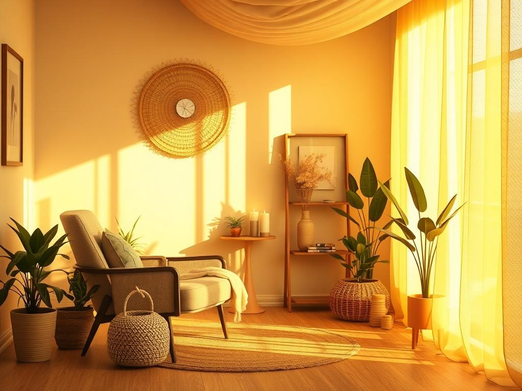A serene, cozy therapy room with soft golden lighting. The room is adorned with calming decor, featuring a comfortable chair and soothing elements like candles and plants. A warm atmosphere invites relaxation and introspection, creating a space for healing and self-discovery.