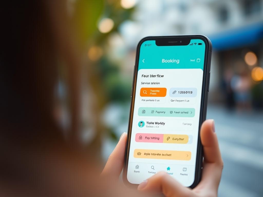 Create a realistic high-resolution photo showing a user-friendly app interface displaying a booking flow on a smartphone. The background should be softly blurred to focus on the screen, highlighting elements like service selection, date scheduling, and payment options. Use bright colors to create an inviting atmosphere.