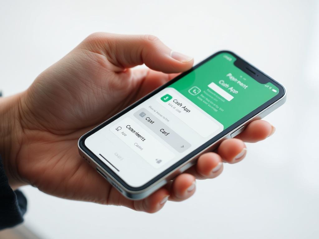 Design a high-resolution photo that features a close-up of a smartphone displaying a payment screen with options for Cash App and card payments. The image should reflect a modern and secure transaction environment, with a clean background that emphasizes the device.