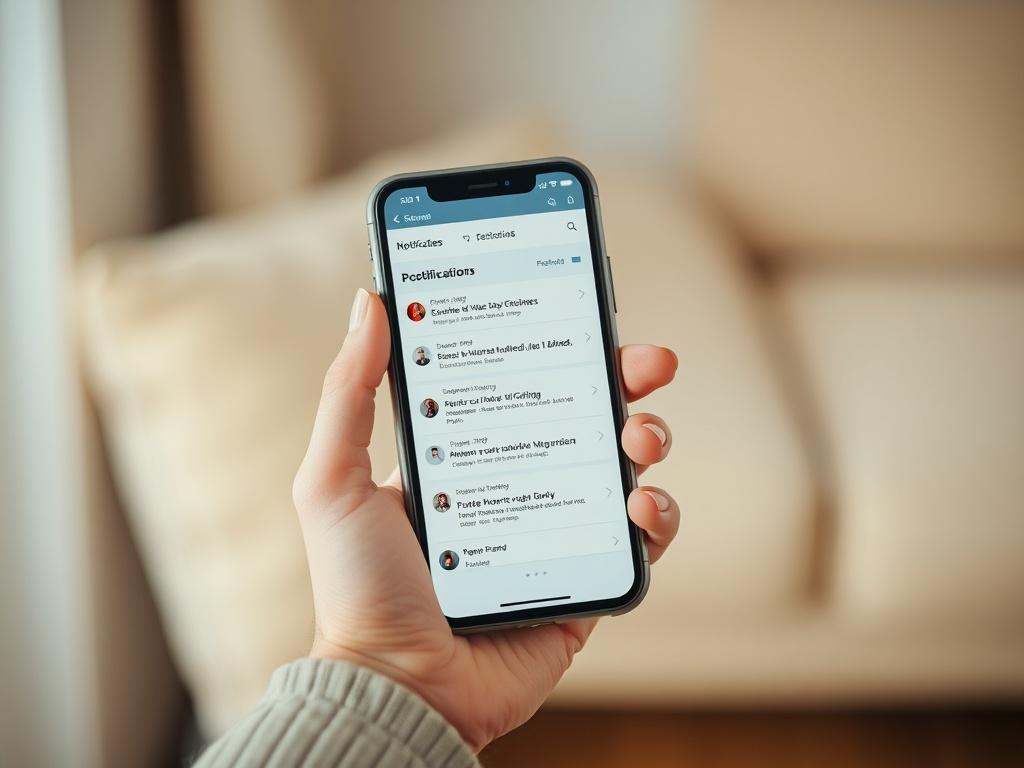 Produce a realistic high-resolution photo of a hand holding a smartphone displaying a scheduling interface with notifications on the screen. The background should be soft and inviting, creating a sense of ease and accessibility.