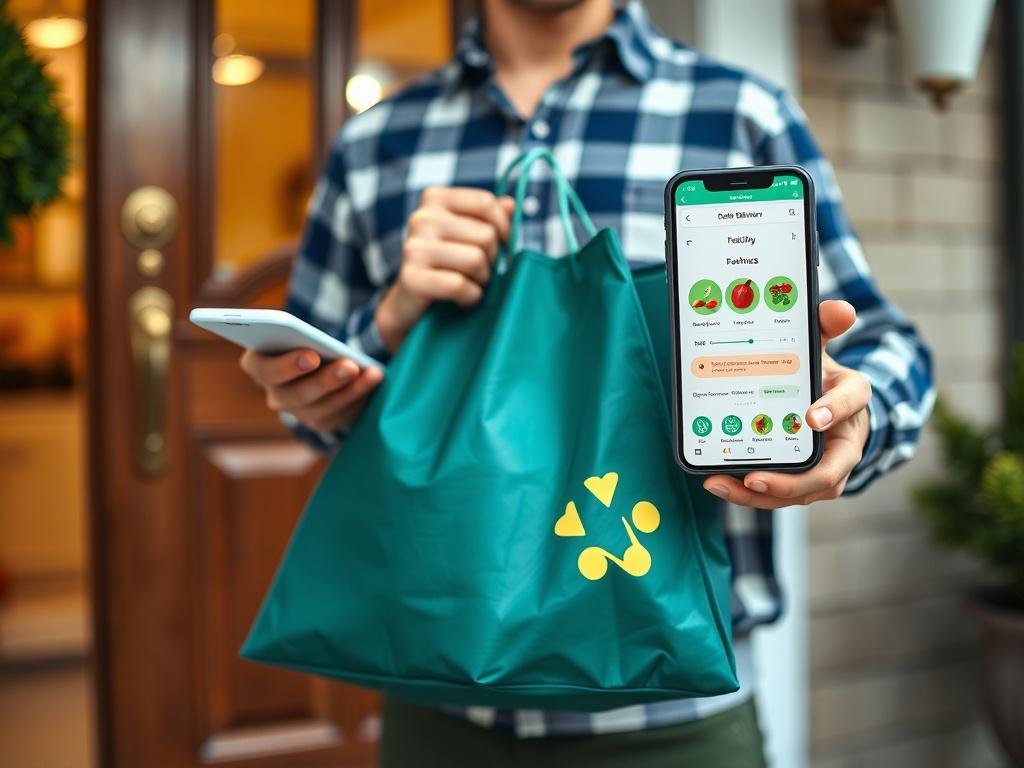 A high-resolution close-up shot of a delivery person holding a food delivery bag in front of a door, with a smartphone in their other hand showing a food delivery app. The background should be a residential setting, slightly blurred to emphasize the delivery person and the food bag.