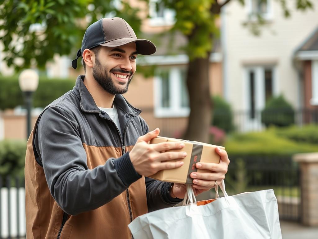 A high-resolution close-up shot of a delivery driver handing over a package to a customer in an outdoor setting. The driver should be smiling, while the customer looks pleased. The background should depict a friendly neighborhood atmosphere, slightly blurred to keep the focus on the interaction.