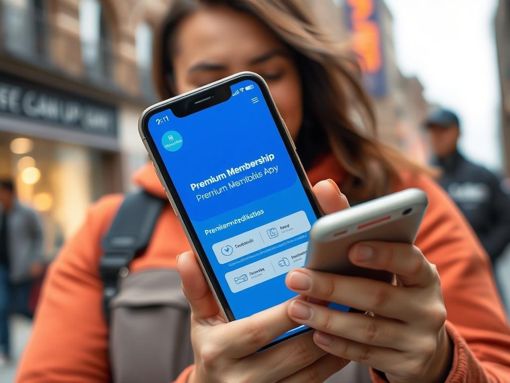 A close-up shot of a happy user interacting with the Express Clean Up Corp app on a smartphone, showcasing the Premium Membership features. The background should be a lively urban setting, indicating activity and reliability.