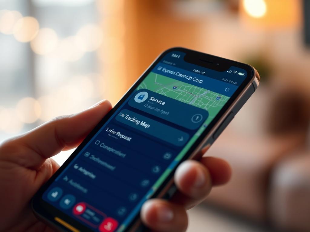 A close-up shot of a smartphone displaying the Express Clean Up Corp customer app interface, showing service request options and a live tracking map. The background is softly blurred to emphasize the phone, with warm lighting creating an inviting atmosphere.
