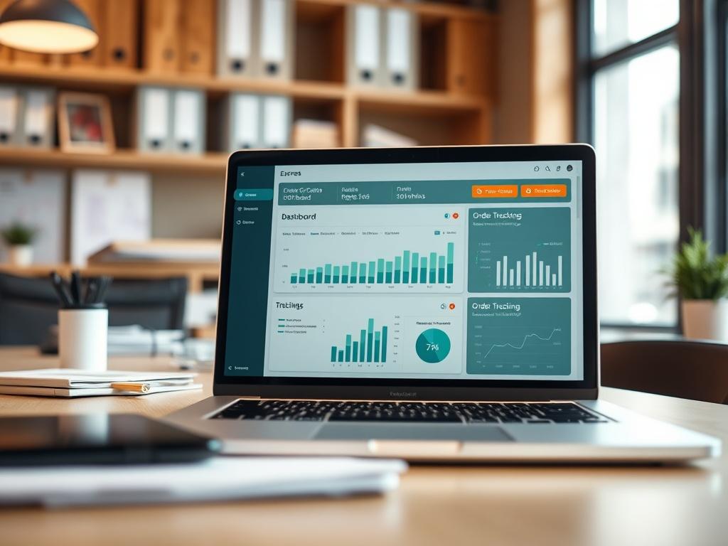 A close-up shot of a laptop screen displaying the Express Clean Up Corp Business Dashboard, with graphs and order tracking visible. The background should be an organized office space, conveying professionalism and efficiency.