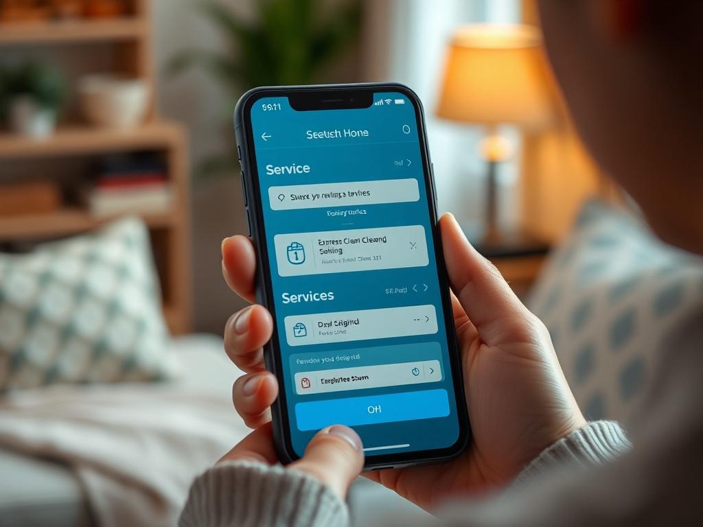 A close-up shot of a person using the Express Clean Up Corp app to request a service, with a focus on the service selection screen. The background should be a cozy indoor setting, suggesting comfort and convenience.