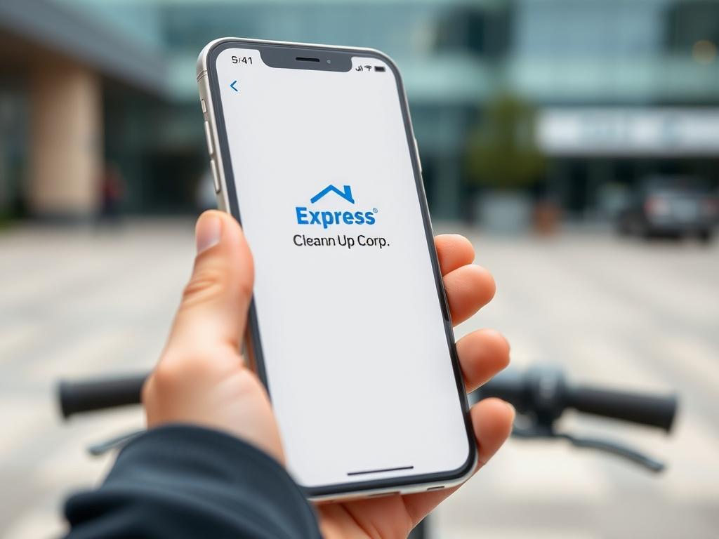 A close-up shot of a smartphone displaying the Express Clean Up Corp app interface, with a clean and user-friendly design. The background should be a blurred outdoor setting, conveying a sense of mobility and modern technology.