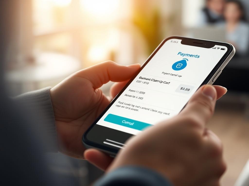 A close-up shot of a smartphone screen showing a payment confirmation on the Express Clean Up Corp app. The background should be a bright, inviting setting, reflecting a sense of satisfaction and ease in the payment process.