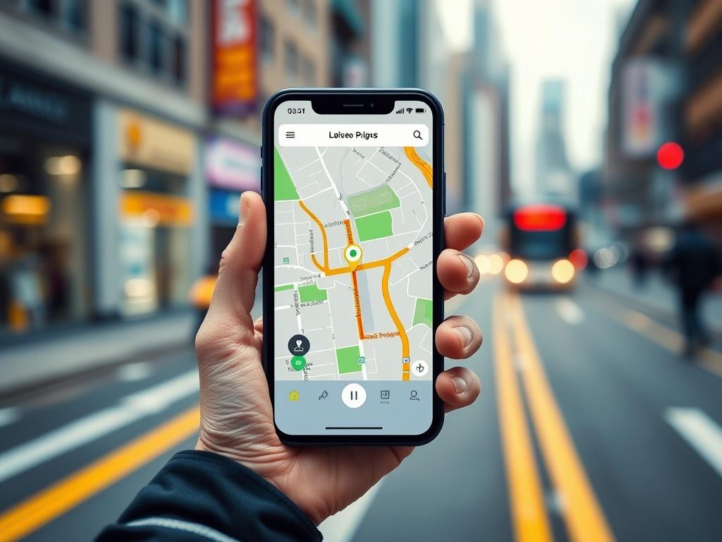 A close-up shot of a smartphone displaying a live GPS tracking map within the Express Clean Up Corp app, showcasing a moving icon representing the driver's location. The background should be a vibrant urban environment, symbolizing movement and connectivity.